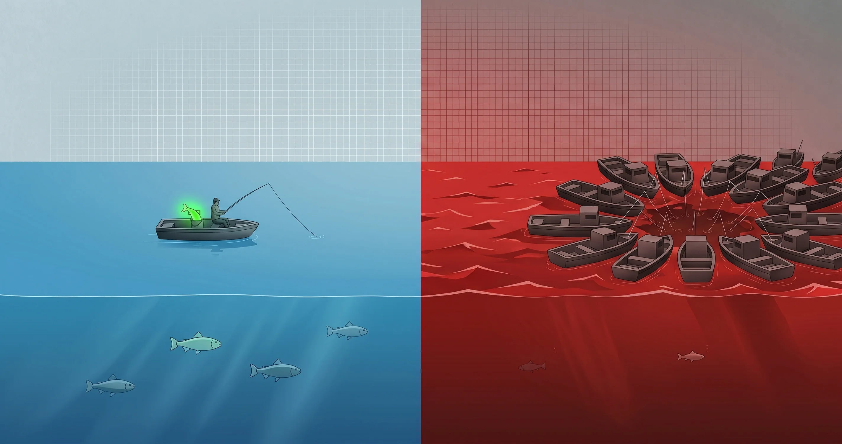 Blue ocean versus red ocean: a lone boat fishing calm open water beside a crowd of boats competing in a red, overfished sea